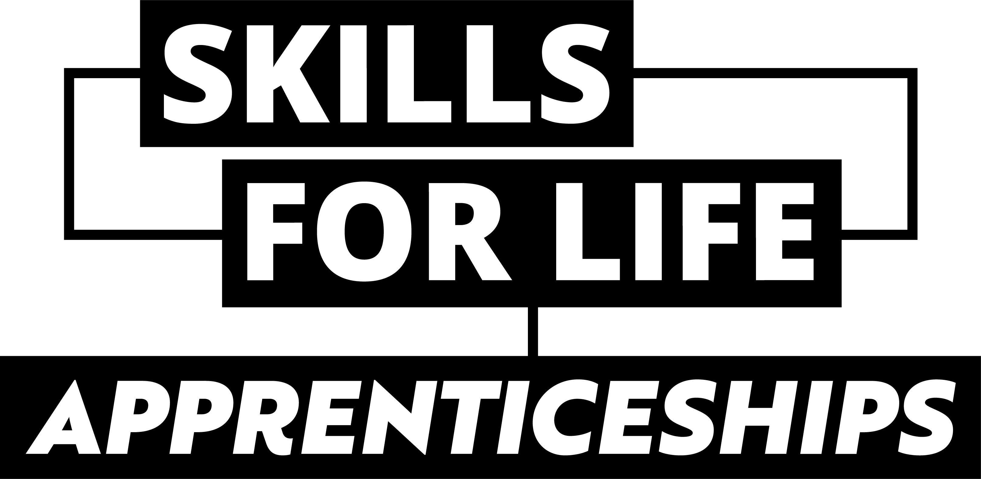 White lettering on black back ground reads Skills for Life Apprenticeships
