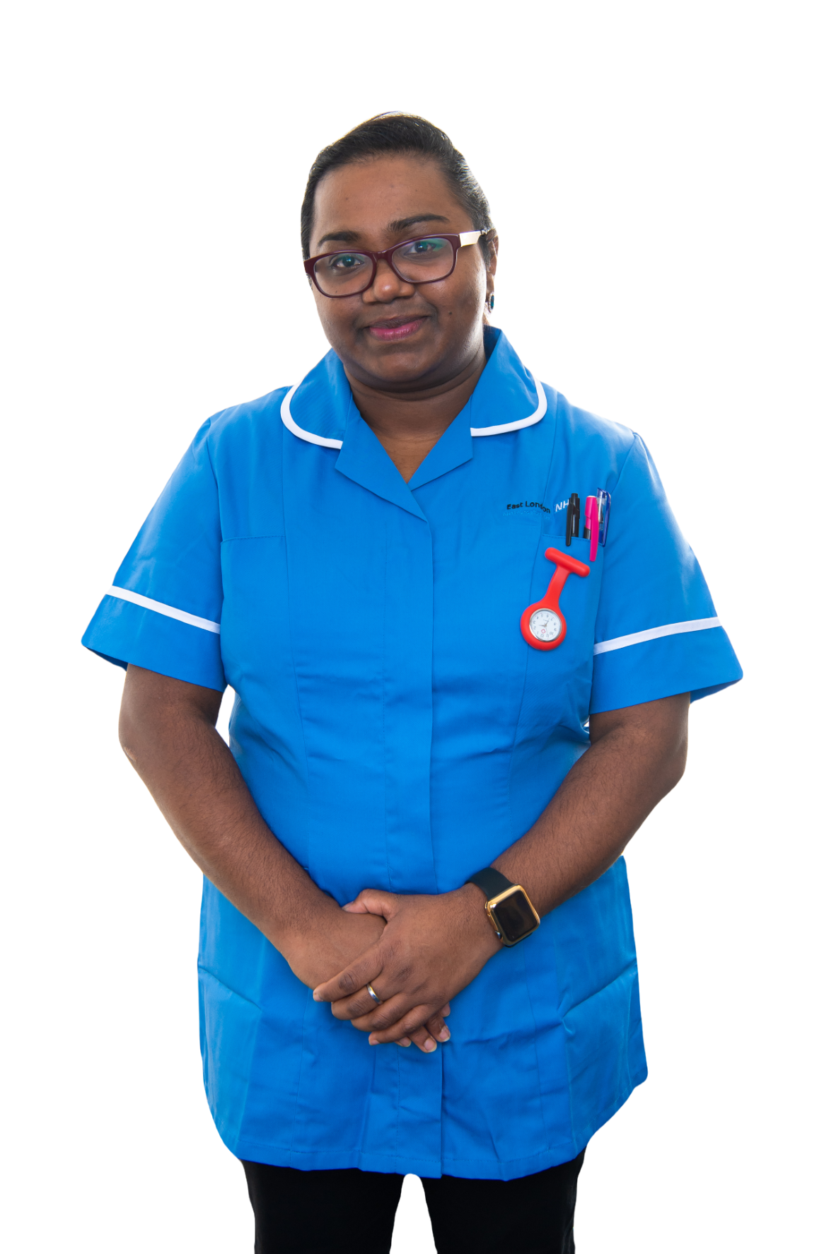 BAME, Female, Middle-Aged Nurse in Community Uniform with Glasses, Face-Forward and Arms Crossed Low