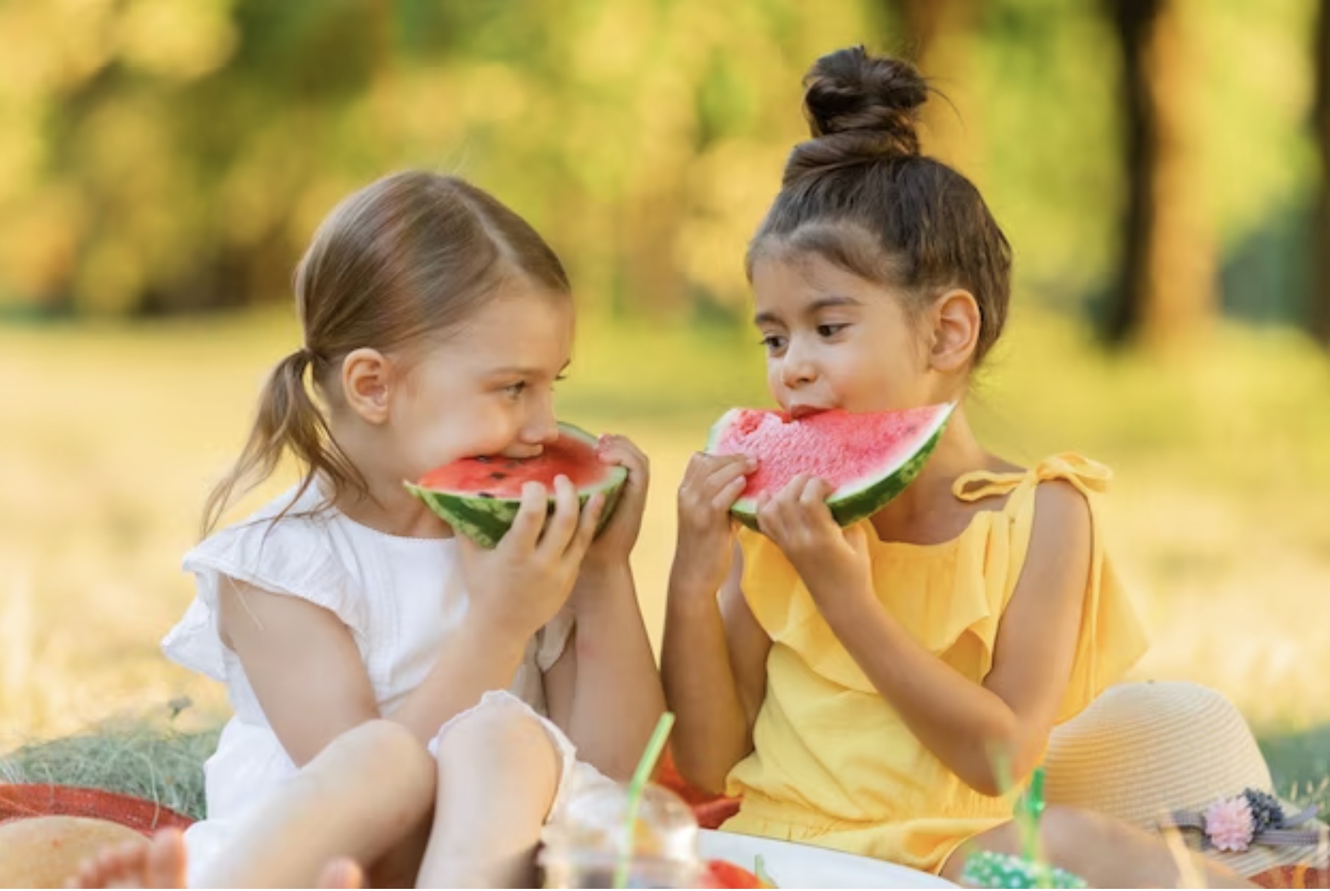 Two children eating watermelon in park