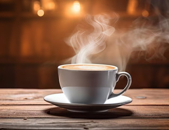 steaming cup of coffee in cosy interior