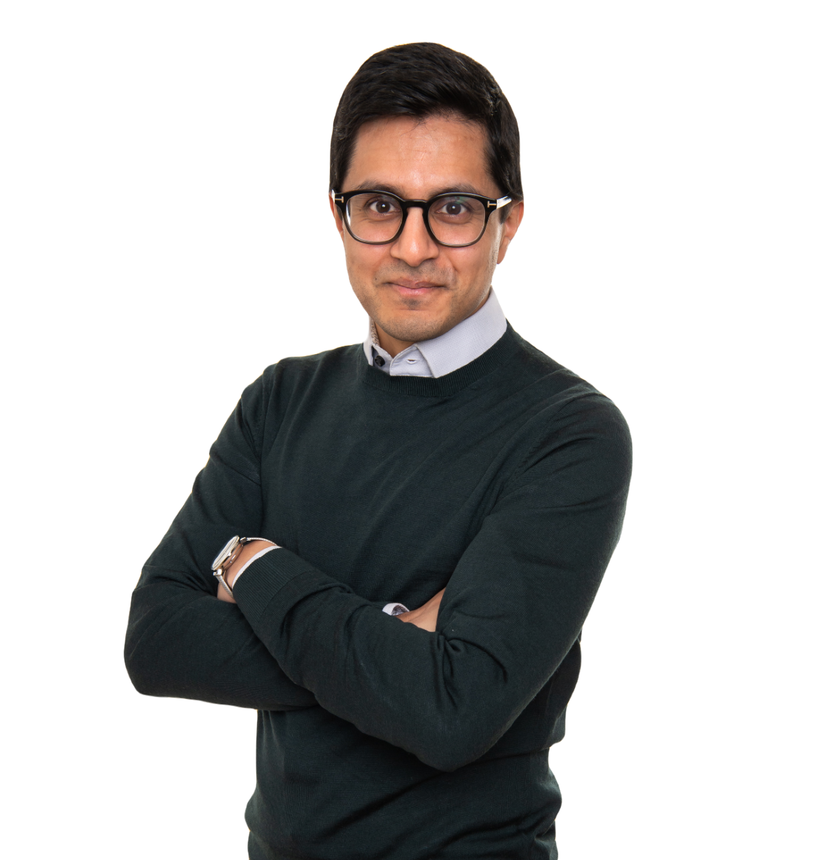 BAME, Male, Middle-Aged Staff Member with Glasses, Side-Facing, and Arms Folded