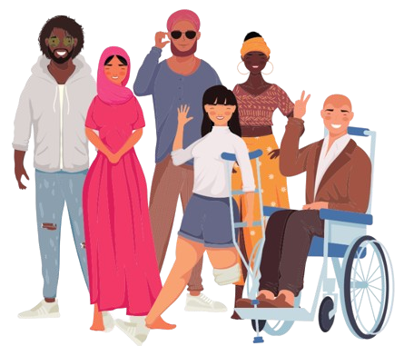 6 people from different backgrounds, one of whom is in a wheelchair.