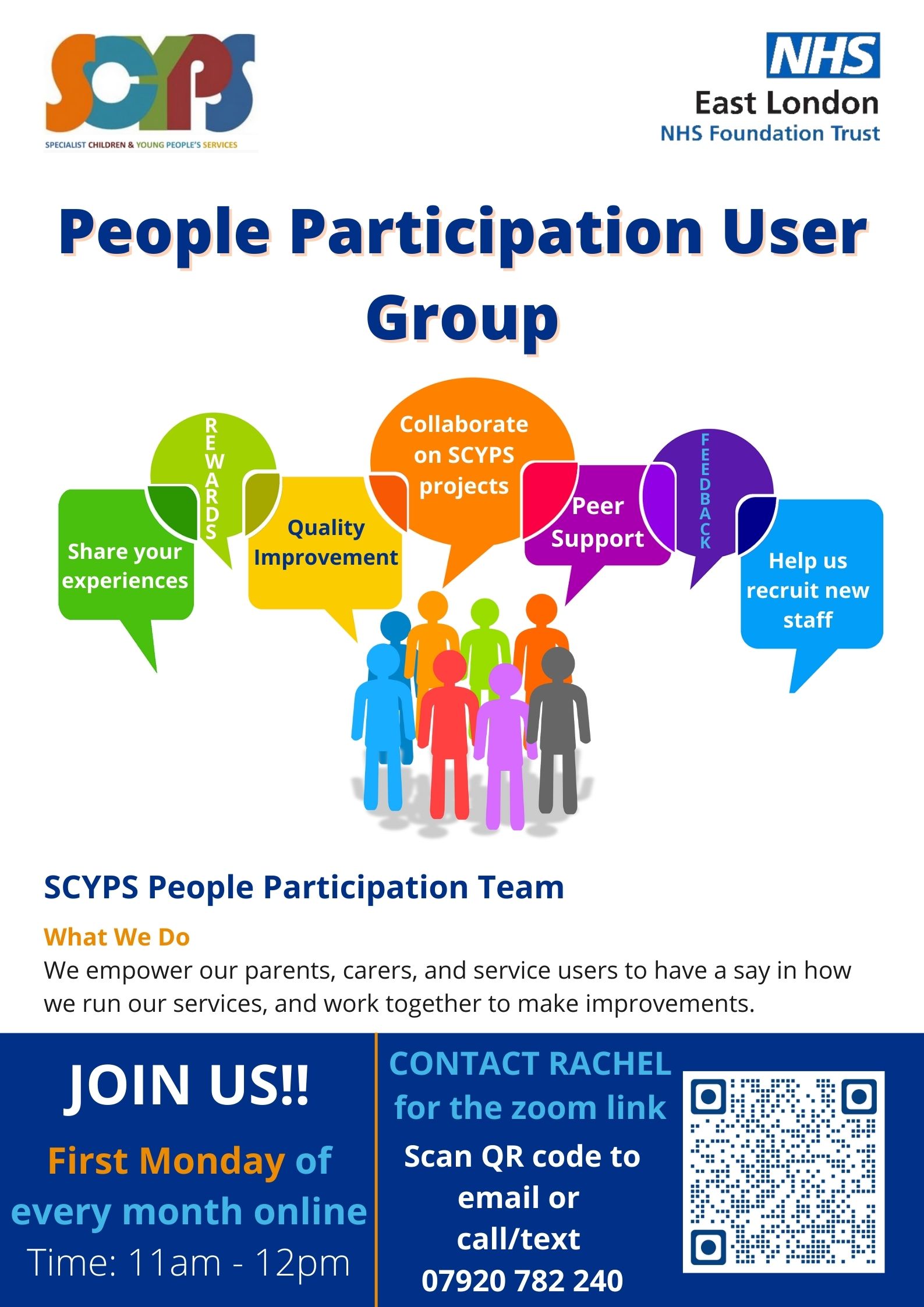 We run a People Participation User group the first Monday of every month 11am - 12pm, open to all SCYPS parent/carers and service users. Scan QR code for Zoom details.