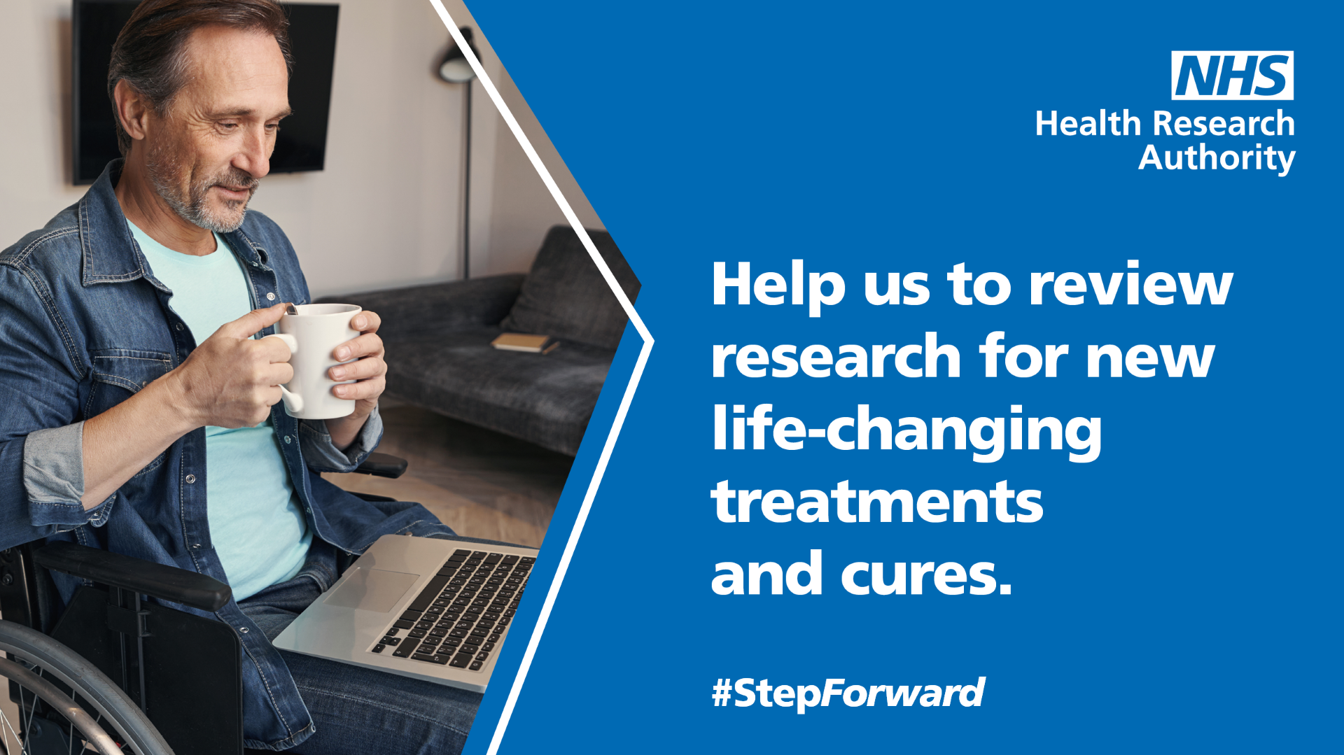 Man next to a laptop computer with the text: "Help us to review research for new life-changing treatments and cures."