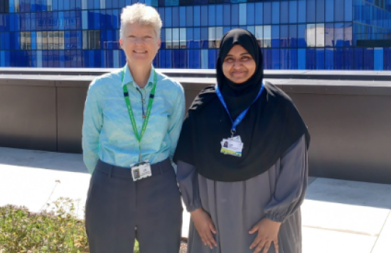 Julie Archer, ELFT's Allied Health Professional Placement Lead standing next to Tauhida Zaman, Rotational Band 5 Occupational Therapist at Tower Hamlets Community Health Team. Both attended the virtual roundtable with the Department for Health and Social Care.