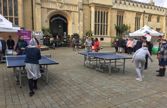 Table tennis tables set up outside the Harpur Centre in Bedford, to support with health and wellbeing.
