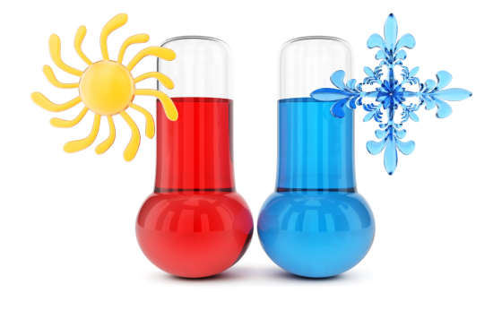 two images side by side, one depicting hot weather the other depicting cold weather