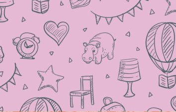 pink background with illustrations of various objects