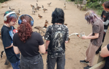 group of young people by pond with birds